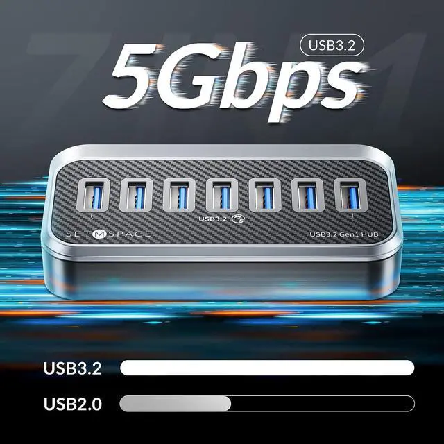 Alt view image 3 of 7 - 7-Port USB Hub, USB 3.2 Gen1 Hub, USB C Hub with 7 USB 5Gbps Data Multiports, USB Hub Unique 32° Easy Plug, USB Splitter USB Expander/Extender for Mac, Laptop, PC, DELL, HP, Lenovo