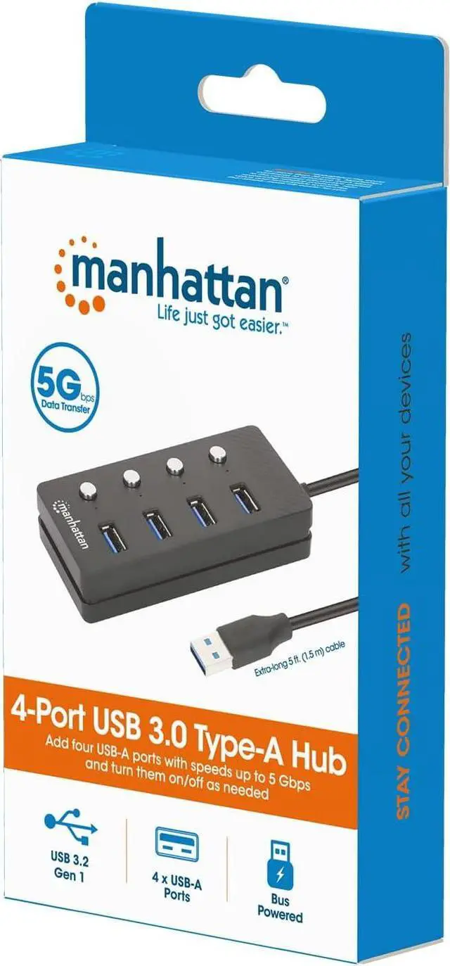 Alt view image 7 of 7 - Manhattan 4 Port USB 3.0 & 3.2 Gen 1 Splitter Hub with Long 5ft Cable, 5 Gbps Data Transfer, Individual Port On & Off SwitchCompatible with PC, Laptop, MacBook, Flash Drive 3 Yr Mfg Warranty-180887