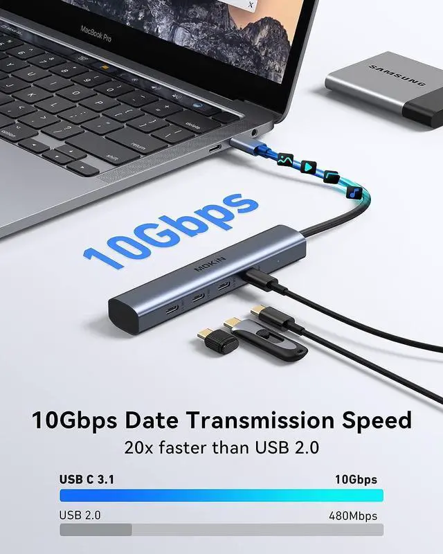 Alt view image 3 of 6 - USB C Hub,10Gbps USB C Splitter for Laptop,4 Ports USB C to USB C Hub Multiport Adapter for MacBook Pro/Air, iPad, Phone, Surface Pro,Chromebook,Dell, HP,Lenovo(Not Support Charging/Monitor)