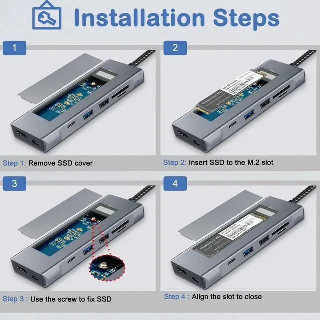 Alt view image 3 of 7 - GKI 8-in-1 USB C Hub with M.2 NVMe/SATA SSD Enclosure with 1 * 4K HDMI, 1*USB C 3.1, USB 3.0,USB 2.0, SD/Micro SD Card Slots, 100W PD Compatible with USB C Port of Computer.