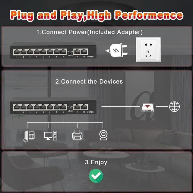 Alt view image 5 of 7 - 10 Ports Gigabit Ethernet Switch Unmanaged, 8 Gigabit Ports+2Gigabit Uplink Ports, Network Switch,Ethernet Splitter| Plug & Play| Fanless Metal Design| Shielded Ports| Traffic Optimization