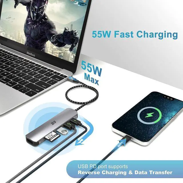 Alt view image 7 of 7 - USB C Hub HDMI Adapter for MacBook Air Pro, 6 in 1 4K Dongle Multiport Converter with 50cm Cable, USB 3.0 5Gbps Data Transfer, 55W PD, SD/TF Card Slot, Digital AV Connector for Mac M1 M2 PC Laptop