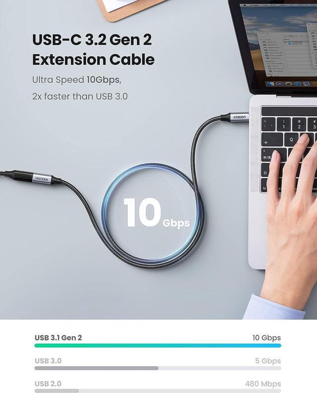 Alt view image 5 of 7 - UGREEN USB C Extension Cable, (1.5Ft/0.5M/10Gbps/100W), USB C 3.2 Extender, Type C Male to Female Cord Charging & Transfer Compatible with PSVR2/Macbook/iPad Pro/USB C Hub/Dell XPS/Magsafe Charger