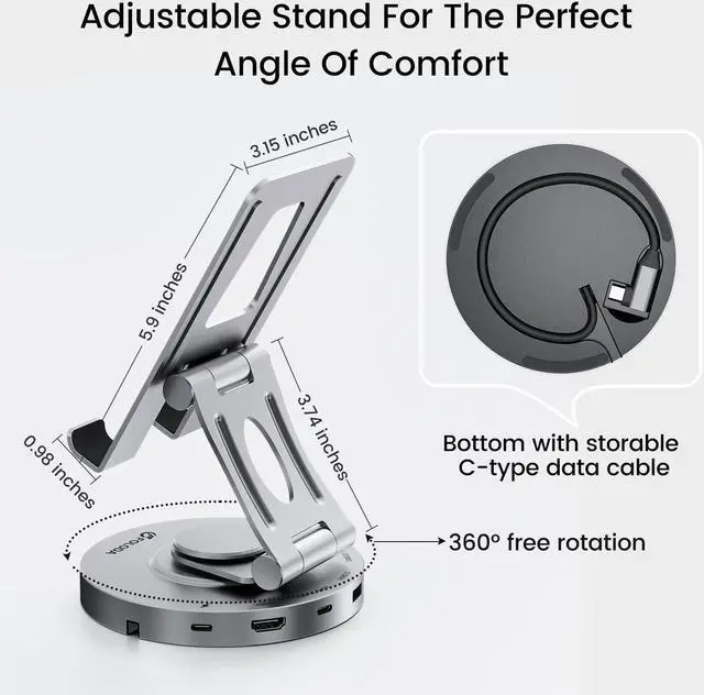 Alt view image 6 of 7 - USB C Hub for Ipad Pro Docking Station, FOLODA 8-in-1 Rotatable Folding Type-C Tablet Stand with 4k HDMI, USB C 3.0 Data Port, 2*USB A 3.0, 100W PD Charging, 3.5mm Aux for Ipad Pro/Phone 15/Galaxy Tab