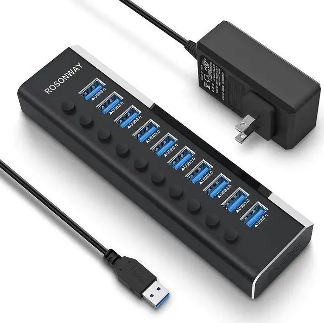 Main image of Powered USB Hub, Rosonway Aluminum 10 Port USB 3.0 Data Hub with 36W (12V/3A) Power Adapter and Individual On/Off Switches USB Splitter(RSH-A10)