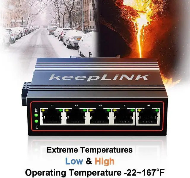 Alt view image 2 of 7 - keepLiNK 5-Port Industrial Ethernet Switch, Unmanaged 10/100Mbps DIN-Rail Network Switch, IP40, Operating Temperature Range of -30°C 75°C (-22°F  167°F)