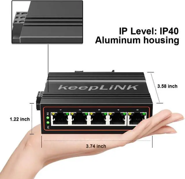 Alt view image 4 of 7 - keepLiNK 5-Port Industrial Ethernet Switch, Unmanaged 10/100Mbps DIN-Rail Network Switch, IP40, Operating Temperature Range of -30°C 75°C (-22°F  167°F)