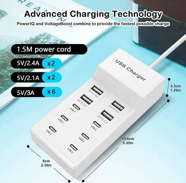 Alt view image 3 of 6 - USB C Charger,10 Ports USB Charger Station with 6 Ports USB-C Charger, Desktop 50W Multi Port USB Charger Compatible with iPhone 14/13/12/11/Samsung S23/S22/S21/Tablet/Watch/Headphones