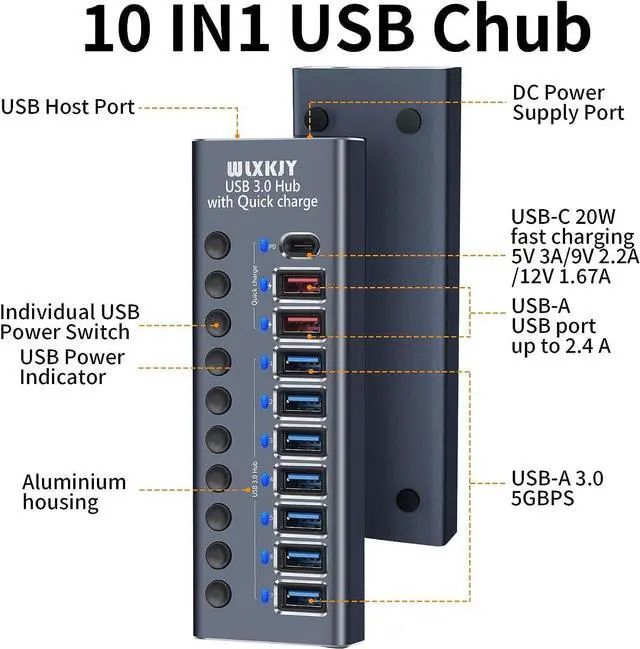 Alt view image 4 of 7 - Boost Your Device Performance With Our Aluminum USB 3.0 Hub! 10-Port Splitter for Seamless Connectivity - 7 High-Speed Data Transfer, 2 Intelligent Charging, 1 PD Charging