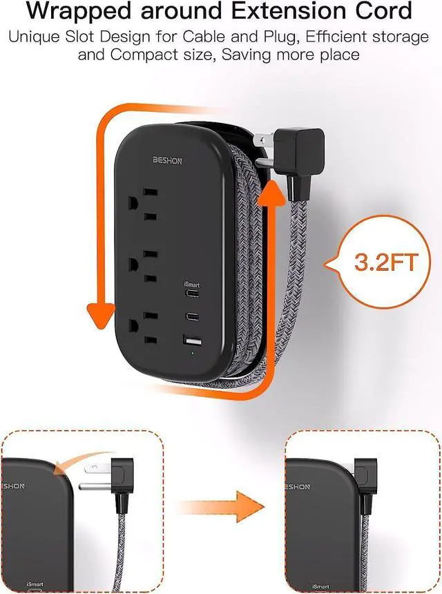 Alt view image 3 of 7 - USB C Travel Power Strip, Ultra Flat Extension Cord, Flat Plug Power Strip, 3 Outlets with 3 USB Ports(2 USB C), 3.2ft Wrapped Around Extension Cord for Cruise Ship, Travel Essentials, Black