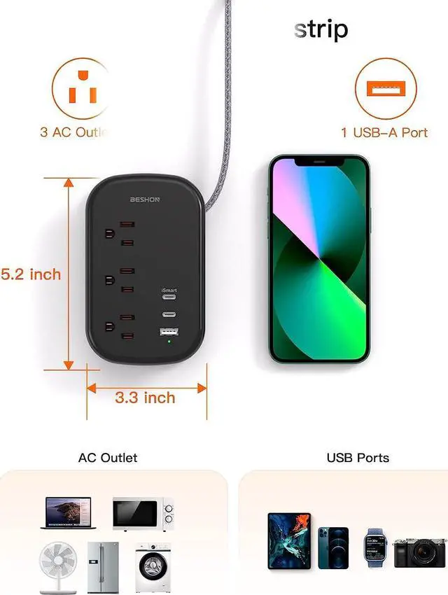 Alt view image 5 of 7 - USB C Travel Power Strip, Ultra Flat Extension Cord, Flat Plug Power Strip, 3 Outlets with 3 USB Ports(2 USB C), 3.2ft Wrapped Around Extension Cord for Cruise Ship, Travel Essentials, Black