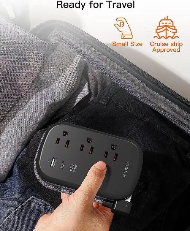 Alt view image 6 of 7 - USB C Travel Power Strip, Ultra Flat Extension Cord, Flat Plug Power Strip, 3 Outlets with 3 USB Ports(2 USB C), 3.2ft Wrapped Around Extension Cord for Cruise Ship, Travel Essentials, Black