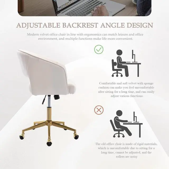 Alt view image 7 of 7 - Velvet Office Desk Chair, Modern Home Desk Chair with Wheels & Gold Base, Swivel Vanity Chair for Bedroom, Office, Vanity Study (Beige)