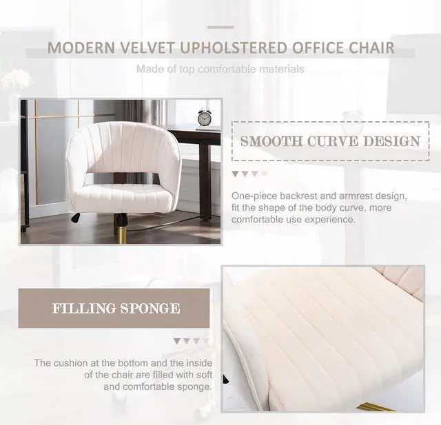 Alt view image 4 of 7 - Velvet Office Desk Chair, Modern Home Desk Chair with Wheels & Gold Base, Swivel Vanity Chair for Bedroom, Office, Vanity Study (Beige)