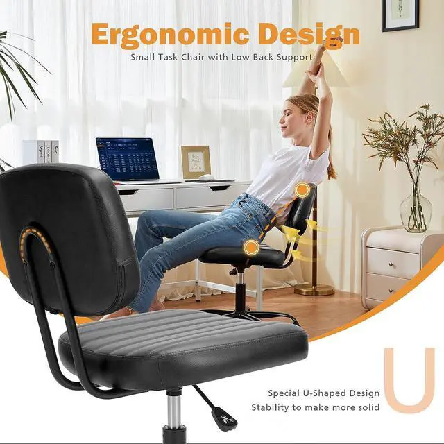 Alt view image 3 of 7 - Sweetcrispy Small Office Desk Chair with Wheels Armless Comfy Computer Chair with Lumbar Support, PU Leather Low Back Adjustable Height 360° Rolling Swivel Task Chair Without Arm for Home, Bedroom
