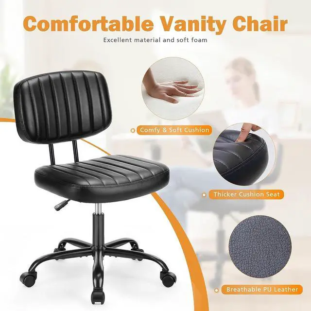 Alt view image 4 of 7 - Sweetcrispy Small Office Desk Chair with Wheels Armless Comfy Computer Chair with Lumbar Support, PU Leather Low Back Adjustable Height 360° Rolling Swivel Task Chair Without Arm for Home, Bedroom