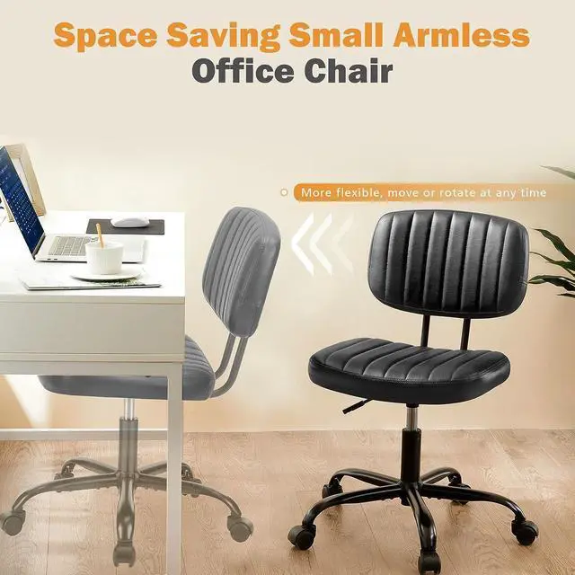 Alt view image 5 of 7 - Sweetcrispy Small Office Desk Chair with Wheels Armless Comfy Computer Chair with Lumbar Support, PU Leather Low Back Adjustable Height 360° Rolling Swivel Task Chair Without Arm for Home, Bedroom