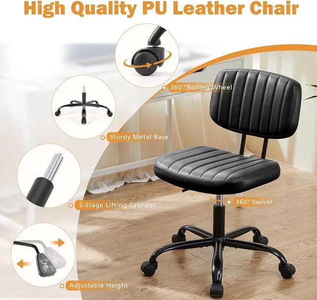 Alt view image 6 of 7 - Sweetcrispy Small Office Desk Chair with Wheels Armless Comfy Computer Chair with Lumbar Support, PU Leather Low Back Adjustable Height 360° Rolling Swivel Task Chair Without Arm for Home, Bedroom
