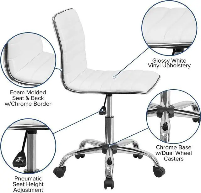 Alt view image 4 of 7 - Flash Furniture Alan Low-Back Ribbed Upholstered Vinyl Swivel Desk Chair with Padded Seat, Modern Adjustable Height Padded Office Chair, White