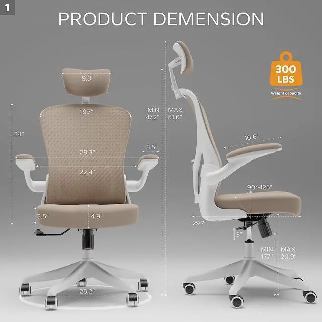 Alt view image 2 of 6 - Ergonomic Office Chair Home Desk Office Chair with Adjustable Headrest & Cushion for Lumbar Support, High Back Computer Chair with Thickened Cushion Desk Chairs Khaki