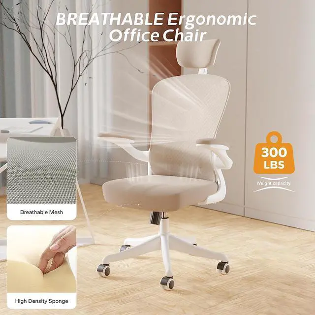 Alt view image 3 of 6 - Ergonomic Office Chair Home Desk Office Chair with Adjustable Headrest & Cushion for Lumbar Support, High Back Computer Chair with Thickened Cushion Desk Chairs Khaki