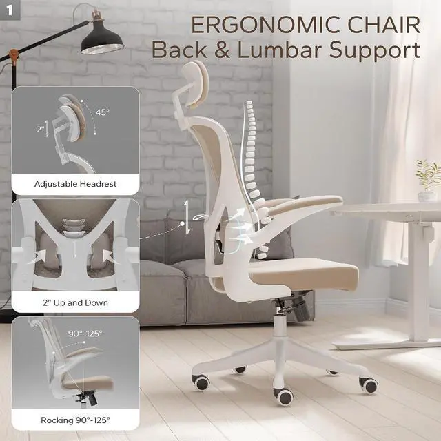 Alt view image 4 of 6 - Ergonomic Office Chair Home Desk Office Chair with Adjustable Headrest & Cushion for Lumbar Support, High Back Computer Chair with Thickened Cushion Desk Chairs Khaki