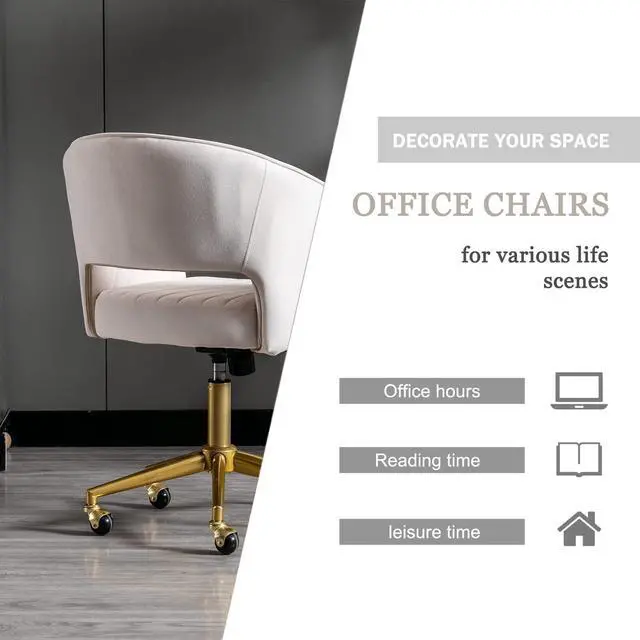 Alt view image 7 of 7 - Velvet Home Office Chair, Modern Swivel Desk Chair with Gold Base, Round Solid Wheel, Adjustable Vanity Chair for Study, Living Room, Bedroom (Beige)