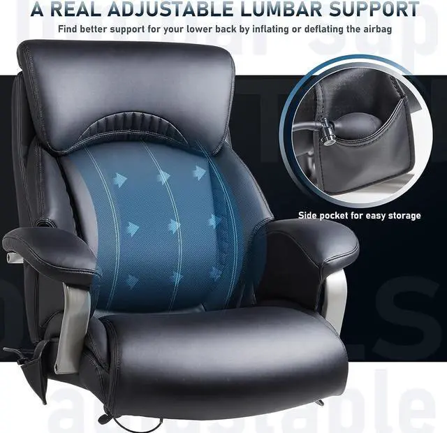 Alt view image 3 of 7 - Big and Tall Office Chair 500lbs-Heavy Duty Ergonomic Computer Chair with Extra Wide Seat, High Back Executive Large Desk Chair with Thick Seat and Tilt Rock, Adjustable Lumbar Support-Black