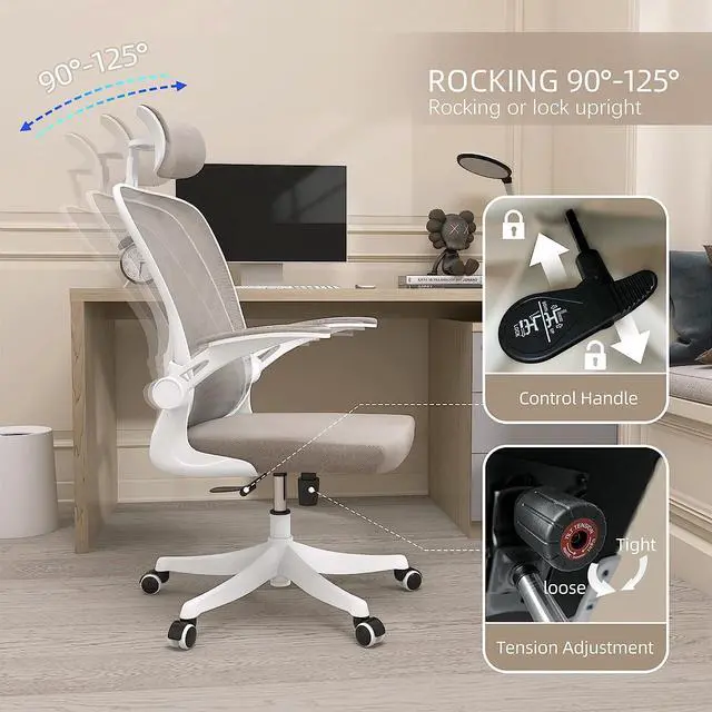 Alt view image 7 of 7 - Monhey Ergonomic Office Chair with Lumbar Support & Headrest & Flip-up Arms Height Adjustable Rocking Home Office Desk Swivel High Back Computer Chair Warm Taupe Mesh Study Chair