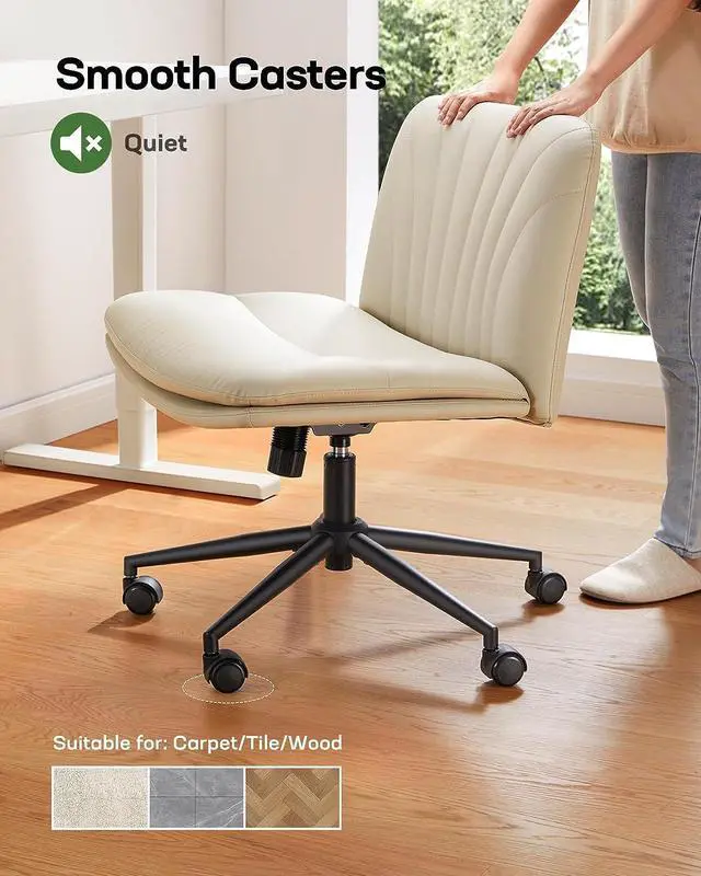 Alt view image 4 of 7 - Marsail Armless-Office Desk Chair with Wheels: PU Leather Cross Legged Wide Chair,Comfortable Adjustable Swivel Computer Task Chairs for Home,Office,Make Up,Small Space,Bed Room(Light Beige)