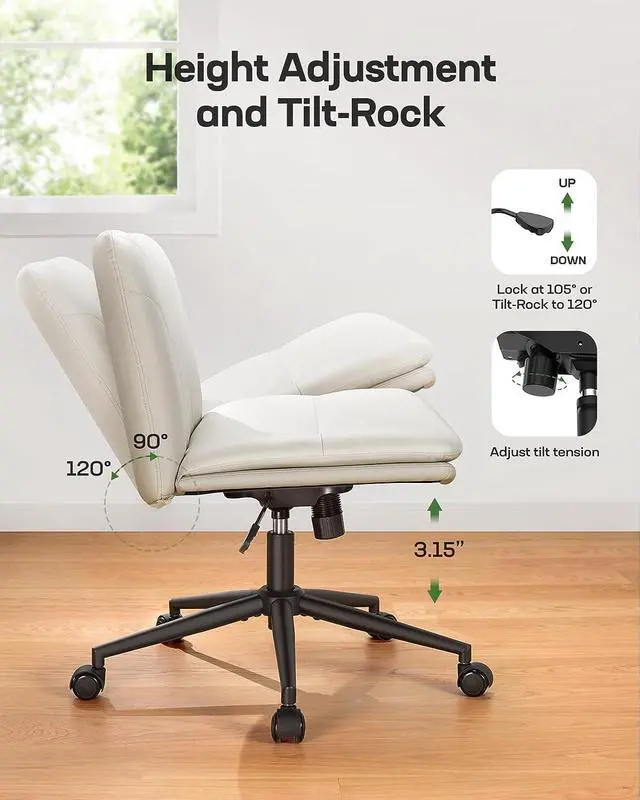 Alt view image 5 of 7 - Marsail Armless-Office Desk Chair with Wheels: PU Leather Cross Legged Wide Chair,Comfortable Adjustable Swivel Computer Task Chairs for Home,Office,Make Up,Small Space,Bed Room(Light Beige)