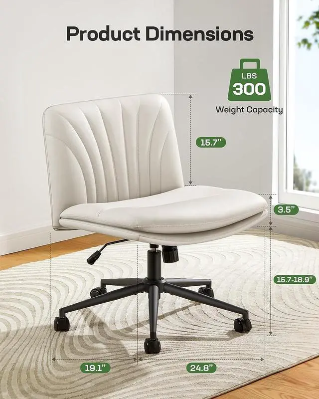 Alt view image 2 of 7 - Marsail Armless-Office Desk Chair with Wheels: PU Leather Cross Legged Wide Chair,Comfortable Adjustable Swivel Computer Task Chairs for Home,Office,Make Up,Small Space,Bed Room(Light Beige)
