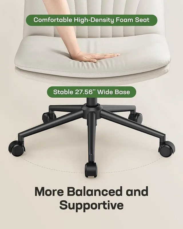 Alt view image 7 of 7 - Marsail Armless-Office Desk Chair with Wheels: PU Leather Cross Legged Wide Chair,Comfortable Adjustable Swivel Computer Task Chairs for Home,Office,Make Up,Small Space,Bed Room(Light Beige)