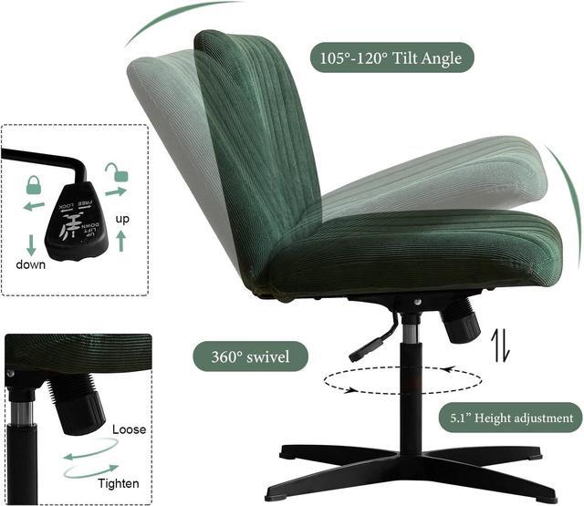 HoeuThien Armless Desk Chair No Wheels Velvet Wide Desk Chair Criss Cross  Legs with Arms Large Seat Adjustable Height Swivel Accent Chair Green 