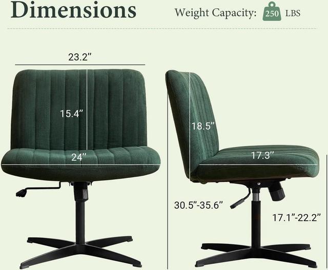 HoeuThien Armless Desk Chair No Wheels Velvet Wide Desk Chair Criss Cross  Legs with Arms Large Seat Adjustable Height Swivel Accent Chair Green 