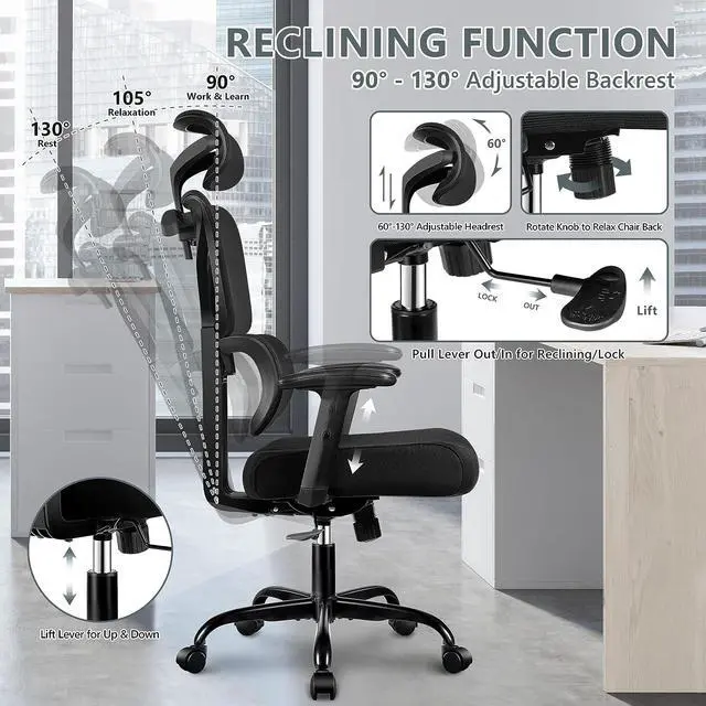 Alt view image 5 of 7 - Office Chair Ergonomic Desk Chair, High Back Gaming Chair, Big and Tall Reclining Comfy Home Office Chair Lumbar Support Breathable Mesh Computer Chair Adjustable Armrests (Black)