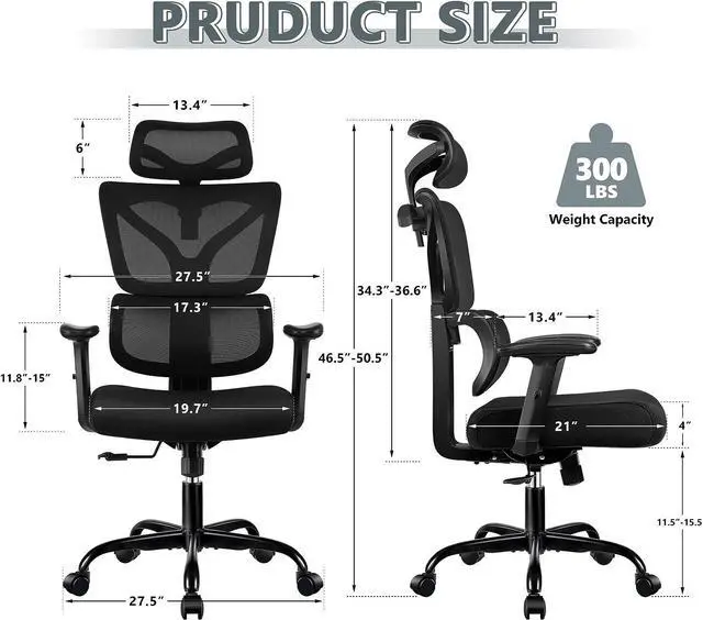 Alt view image 5 of 7 - Winrise Office Chair Ergonomic Desk Chair, High Back Gaming Chair, Big and Tall Reclining Chair Comfy Home Office Desk Chair Lumbar Support Breathable Mesh Computer Chair Adjustable Armrests (Black)