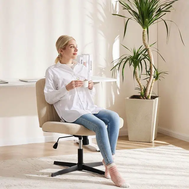 Alt view image 2 of 7 - Cross Legged Armless Wide Adjustable Swivel Padded Fabric Home Office Desk Chair No Wheels