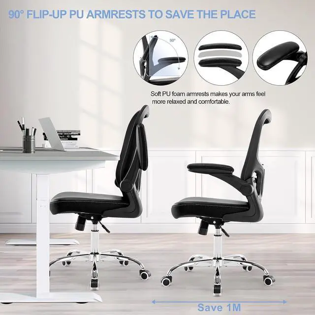 Alt view image 4 of 7 - X XISHE Office Chair Ergonomic Desk Chair,Mesh Computer Gaming Chair,Home Office Desk Chairs,Executive Task Chair,Adjustable Height PU Leather Flip-up Armests Swivel Rolling Wheels Chair,Black