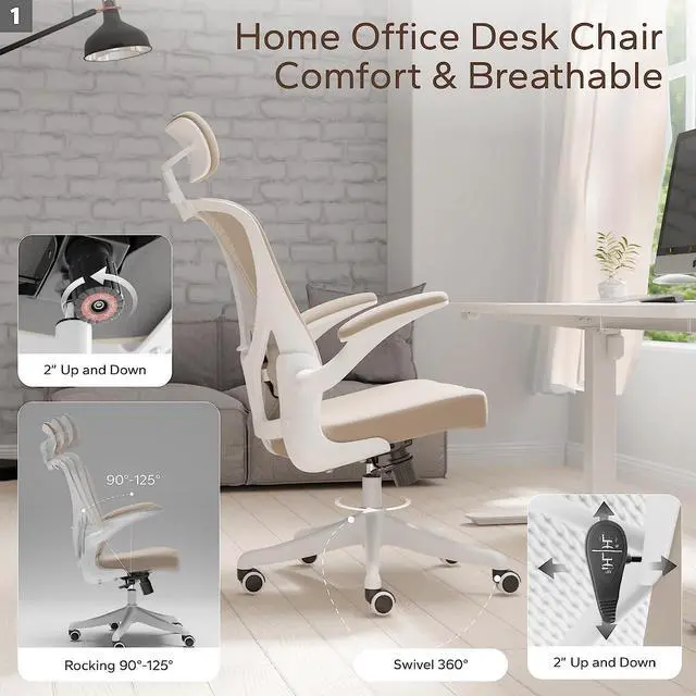 Alt view image 6 of 6 - Ergonomic Office Chair Home Desk Office Chair with Adjustable Headrest & Cushion for Lumbar Support, High Back Computer Chair with Thickened Cushion Desk Chairs Khaki