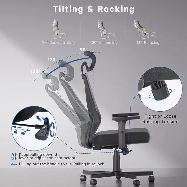 Alt view image 3 of 7 - Ergonomic Office Chair, High Back Desk Chair, Computer Mesh Chair with Lumbar Support, Adjustable Headrest & 2D Armrest, 90°-135°Tilt Function, 360° Swivel Home Office Task Chair, Black
