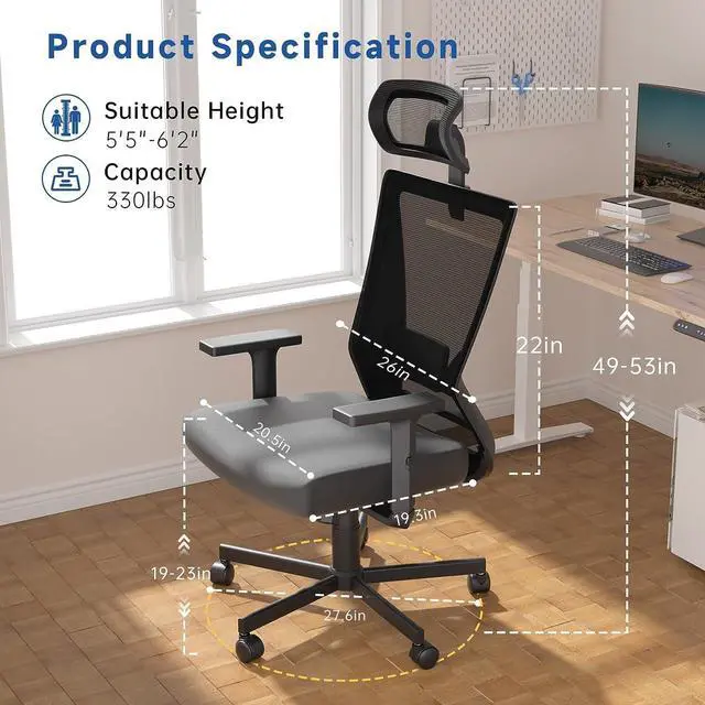 Alt view image 2 of 7 - Ergonomic Office Chair, High Back Desk Chair, Computer Mesh Chair with Lumbar Support, Adjustable Headrest & 2D Armrest, 90°-135°Tilt Function, 360° Swivel Home Office Task Chair, Black