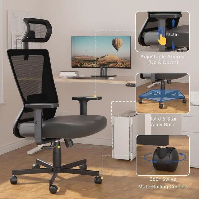 Alt view image 5 of 7 - Ergonomic Office Chair, High Back Desk Chair, Computer Mesh Chair with Lumbar Support, Adjustable Headrest & 2D Armrest, 90°-135°Tilt Function, 360° Swivel Home Office Task Chair, Black