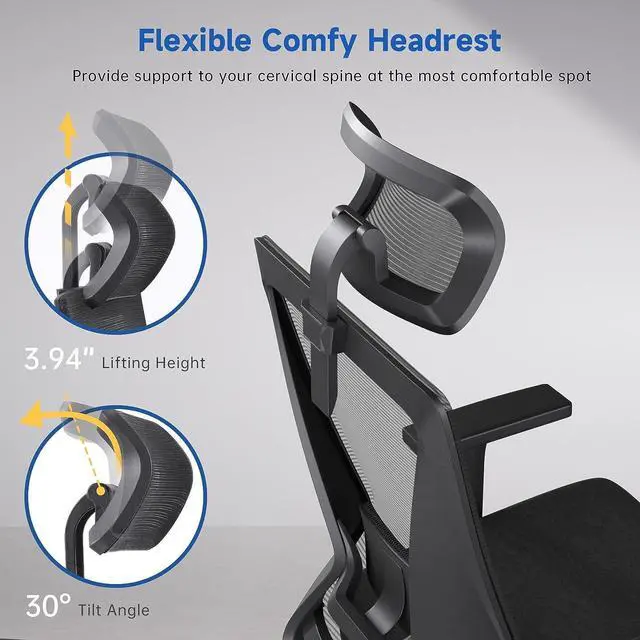 Alt view image 6 of 7 - Ergonomic Office Chair, High Back Desk Chair, Computer Mesh Chair with Lumbar Support, Adjustable Headrest & 2D Armrest, 90°-135°Tilt Function, 360° Swivel Home Office Task Chair, Black