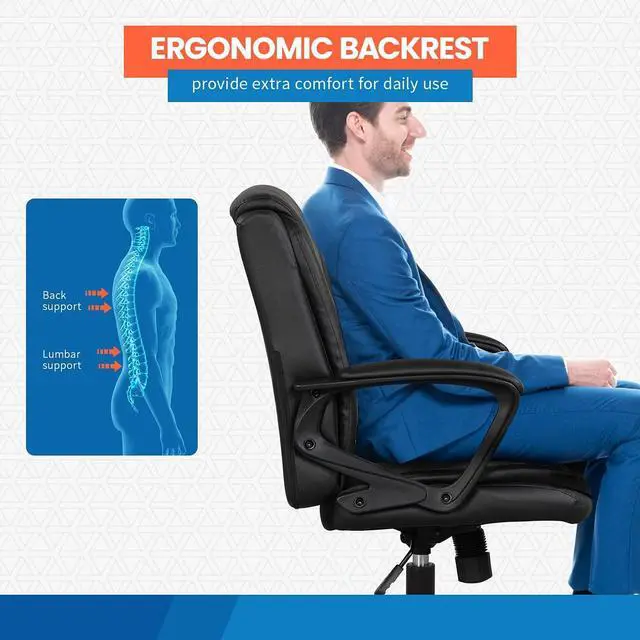 Alt view image 5 of 7 - Home Office Chair Ergonomic Desk Chair PU Leather Task Chair Executive Rolling Swivel Mid Back Computer Chair with Lumbar Support Armrest Adjustable Chair for Men (Black)