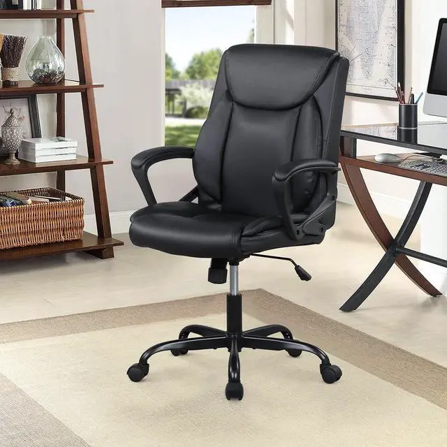 Alt view image 6 of 7 - Home Office Chair Ergonomic Desk Chair PU Leather Task Chair Executive Rolling Swivel Mid Back Computer Chair with Lumbar Support Armrest Adjustable Chair for Men (Black)