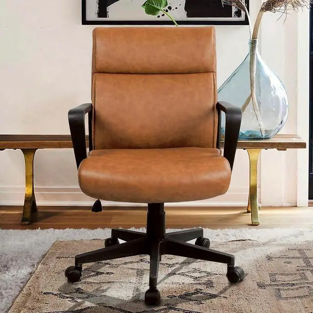 Alt view image 2 of 6 - Leather Office Chair Brown Desk Chair Mid Century Desk Chair Executive Office Chair with Arms and Wheels, by Artswish
