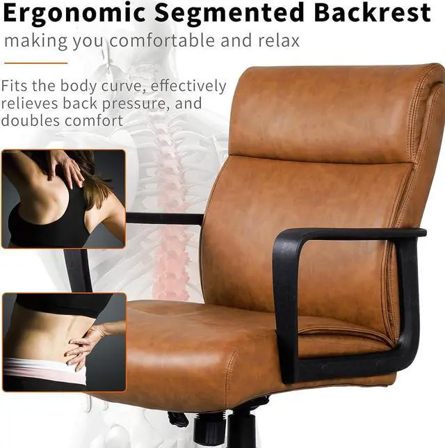 Alt view image 3 of 6 - Leather Office Chair Brown Desk Chair Mid Century Desk Chair Executive Office Chair with Arms and Wheels, by Artswish