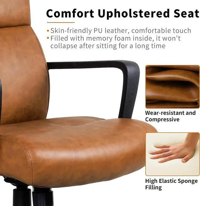 Alt view image 4 of 6 - Leather Office Chair Brown Desk Chair Mid Century Desk Chair Executive Office Chair with Arms and Wheels, by Artswish