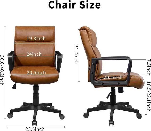 Alt view image 6 of 6 - Leather Office Chair Brown Desk Chair Mid Century Desk Chair Executive Office Chair with Arms and Wheels, by Artswish